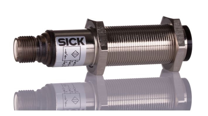 Sensore fotoelettrico cilindrico Sick VTE18-3F4140, rilevamento 5-400 mm, uscita PNP, connettore M12, IP67.