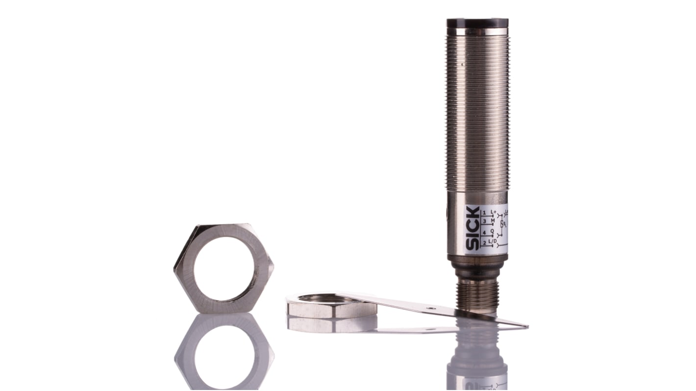 Sensore fotoelettrico cilindrico Sick VTE18-4N2240, NPN, gamma di rilevamento 3-200 mm, connettore M12, IP67.