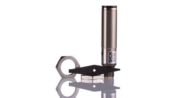 Sensore fotoelettrico cilindrico Sick VTE18-4N2240, NPN, gamma di rilevamento 3-200 mm, connettore M12, IP67.