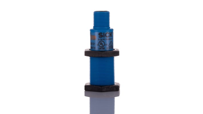 Sensore di prossimità cilindrico Sick UM18-211165101, NPN, M18, gamma 30.250 mm, IP65/IP67, dimensioni 52.7x18x18 mm.