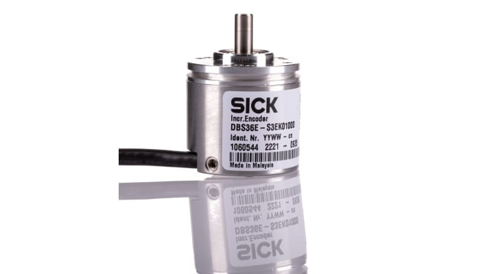 Encoder incrementale Sick DBS36E-S3EK01000, 1000 impulsi/giro, albero 6 mm, IP65, 37x37x35.5 mm, alimentazione 7-30 V.