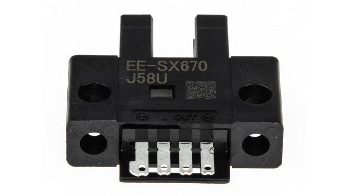 Sensore fotoelettrico a forcella Omron EE-SX670, rilevamento a 5 mm, uscita NPN, IP50, temperatura operativa -25°C/+55°C.