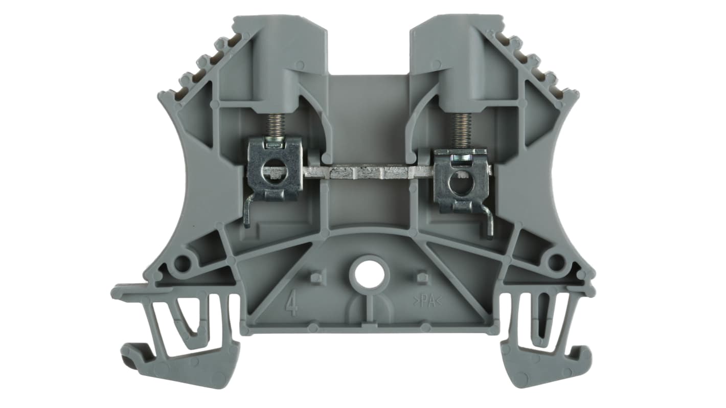 Morsettiera passante Allen Bradley 1492-J3, 2 vie, montaggio su guida DIN, corrente 25A a 600V, per cavi 28-12 AWG.