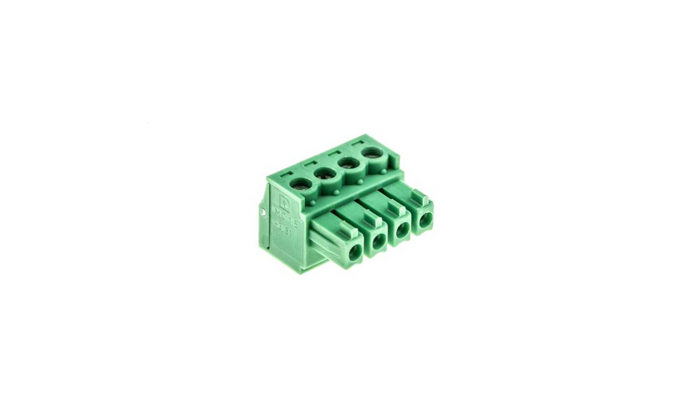 Morsettiera a innesto Phoenix Contact 4 vie, 320V 8A - MC 1,5/4-ST-3,81 - 1803594. Approvata EN-VDE, resistente a temperature estreme. Ideale per apparecchiature mediche, sistemi industriali e aerospaziali.