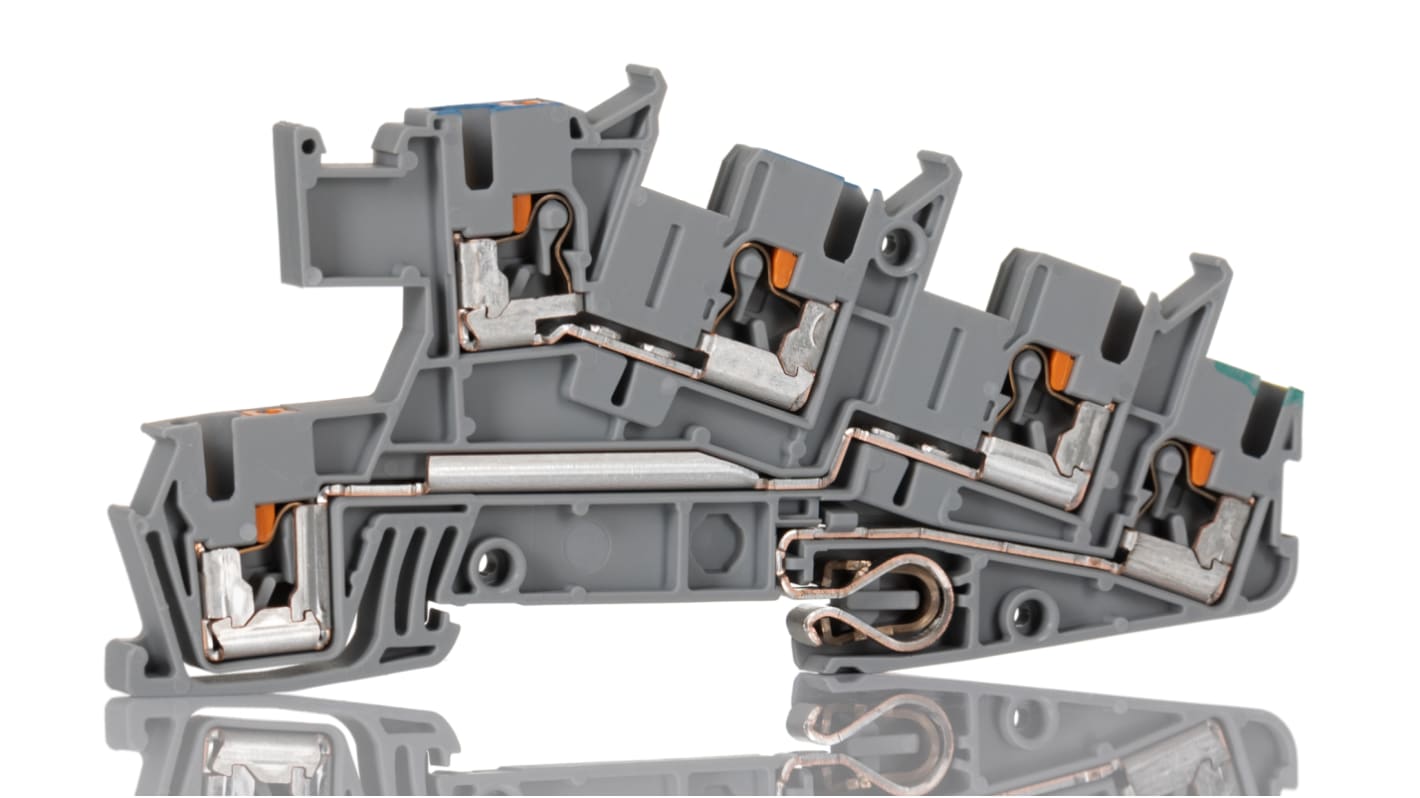 Morsettiera di terra Phoenix Contact 5 vie, 12 AWG - 3213950: protezione sovratensioni 4-6 kV, 30 A, guida DIN. Ideale per ambienti industriali.
