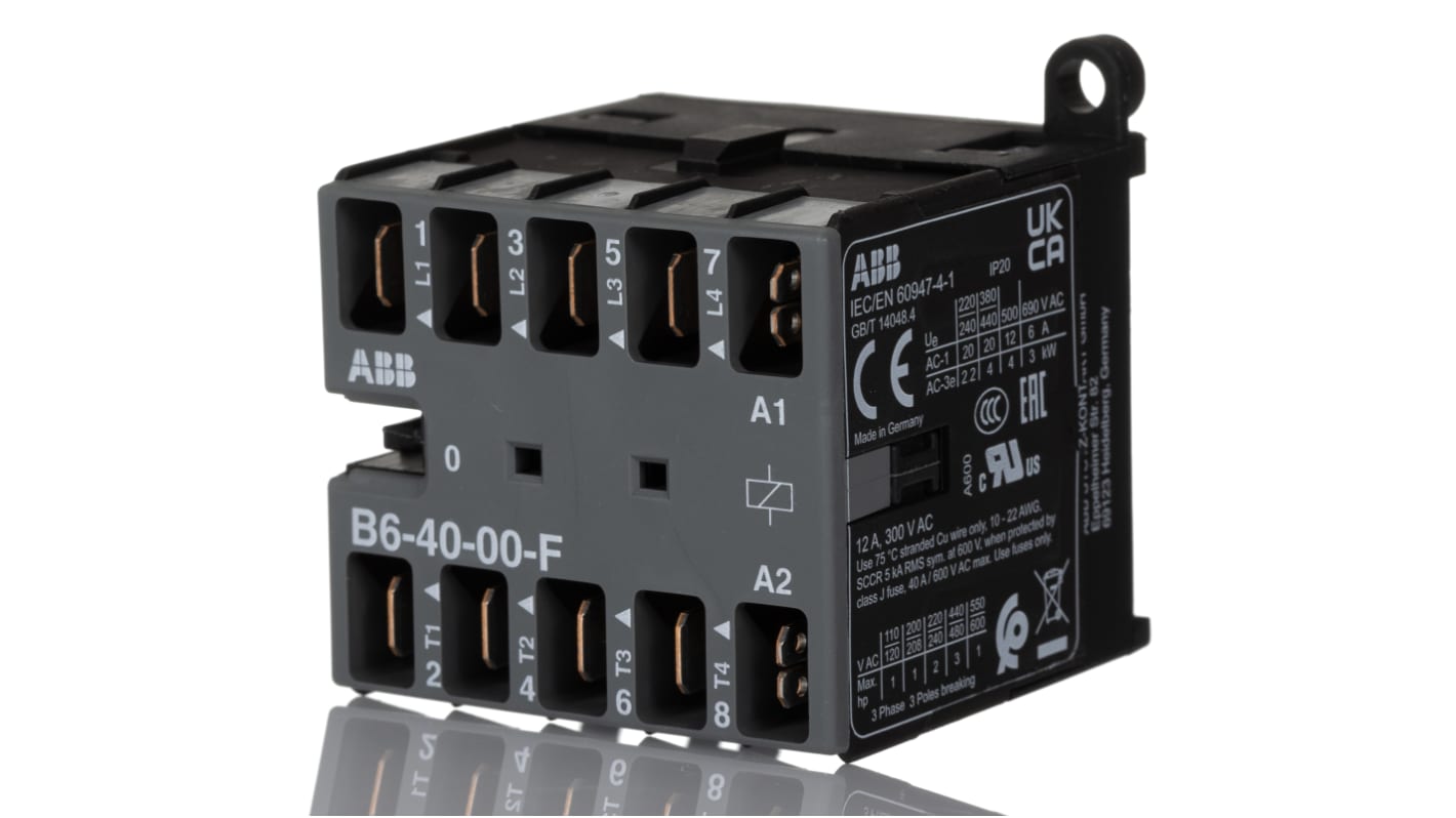 Contattore ABB GJL1211203R8000 B6-40-00-F, 4 poli, 20 A, 220-240 V AC, montaggio su guida DIN, dimensioni 52.5 x 46.7 x 57.5 mm.