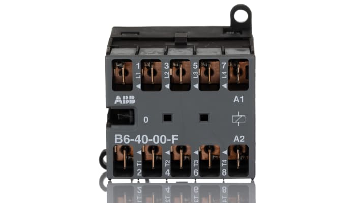Contattore ABB GJL1211203R8000 B6-40-00-F, 4 poli, 20 A, 220-240 V AC, montaggio su guida DIN, dimensioni 52.5 x 46.7 x 57.5 mm.