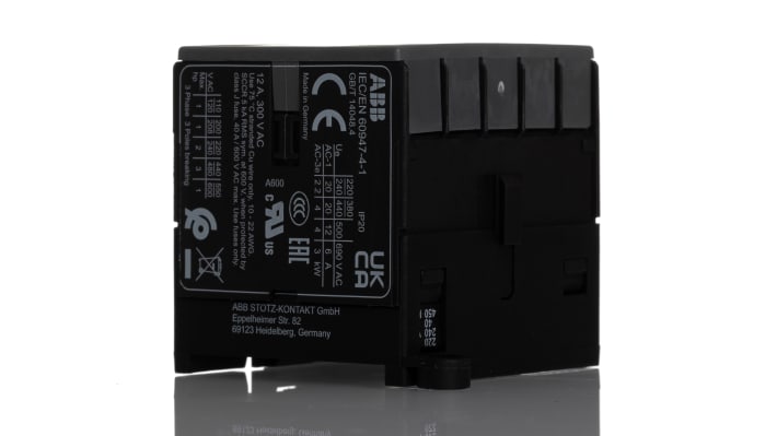 Contattore ABB GJL1211203R8000 B6-40-00-F, 4 poli, 20 A, 220-240 V AC, montaggio su guida DIN, dimensioni 52.5 x 46.7 x 57.5 mm.