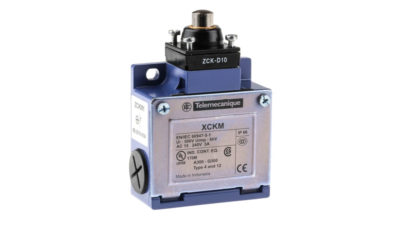 Interruttore di fine corsa Telemecanique Sensors XCKM110, Stantuffo NO/NC, 240V, 10A, IP66. Ideale per scale mobili e assemblaggio elettrico.