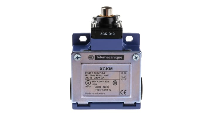 Interruttore di fine corsa Telemecanique Sensors XCKM110, Stantuffo NO/NC, 240V, 10A, IP66. Ideale per scale mobili e assemblaggio elettrico.