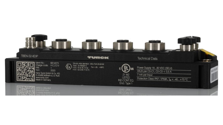 Modulo I/O Turck TBEN-S2-8DIP, 8 ingressi PNP, 24 V c.c., dimensioni 144 x 32 x 32 mm, grado di protezione IP69K.