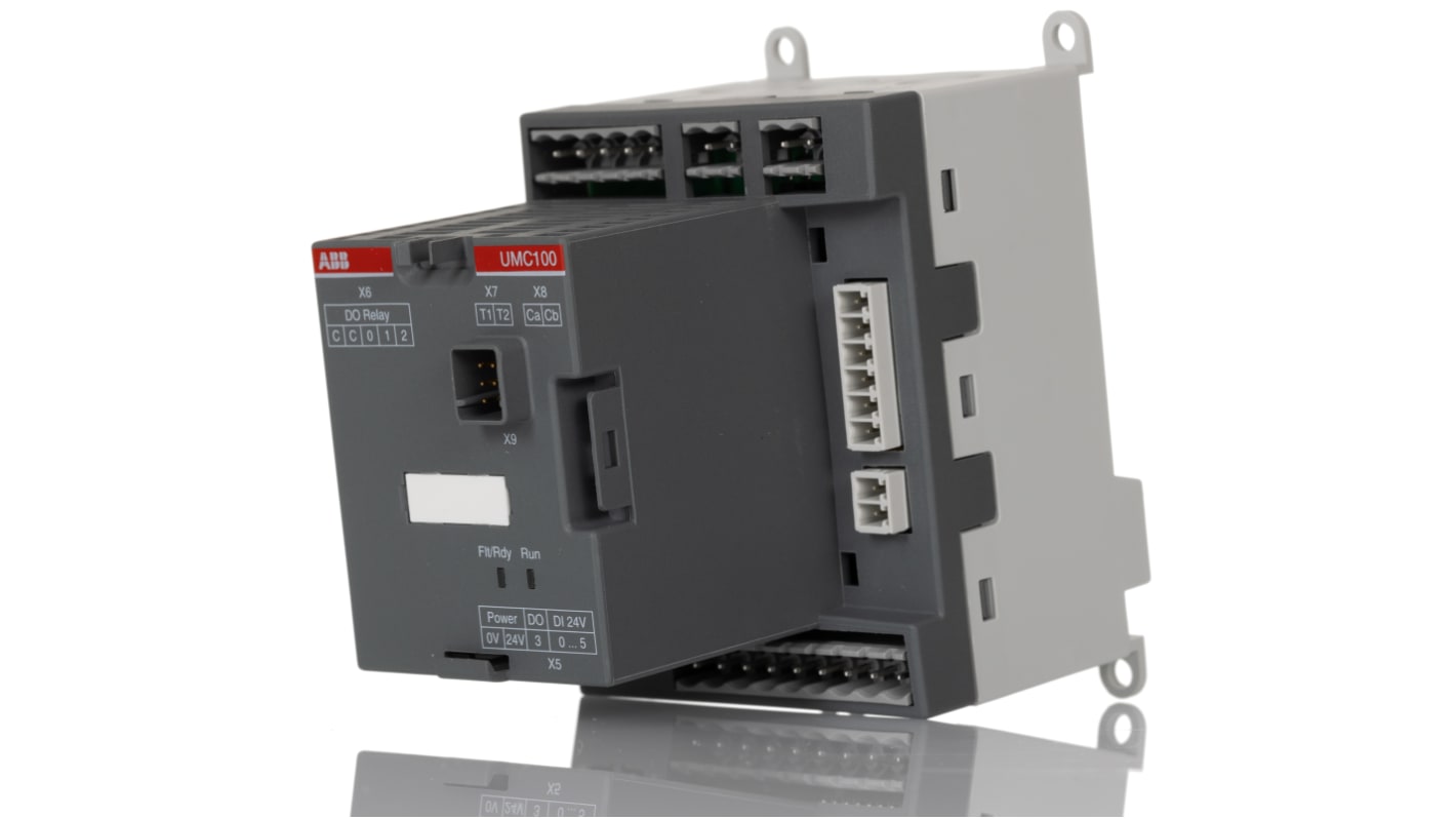 Controllore ABB 1SAJ530000R0100 UMC100.3 DC per motori c.c., 63 A, 600 V, 6 ingressi e 4 uscite digitali, dimensioni 107x70x106 mm.