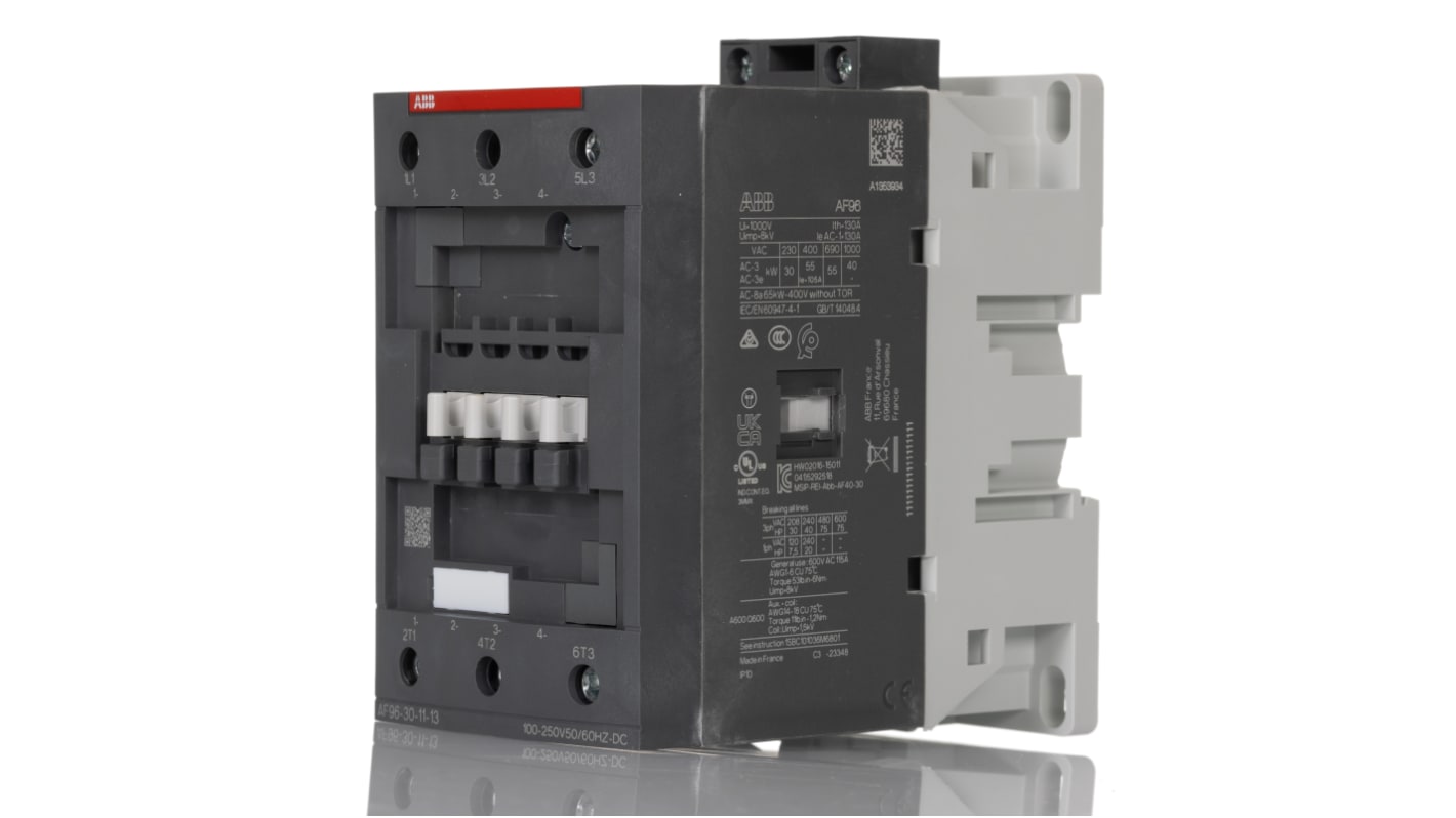 Contattore ABB 1SBL407001R1311 AF96-30-11-13, tripolare, 115 A, montaggio su guida DIN, dimensioni 82x116x125.5 mm.