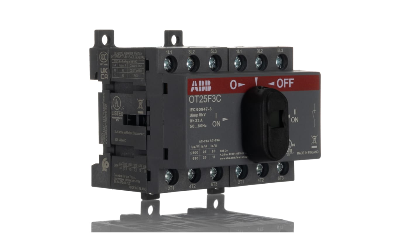 Interruttore di commutazione ABB OT25F3C, 3 poli, 25A, 690V, montaggio su base, dimensioni 68x55x68mm, grado di protezione IP20.