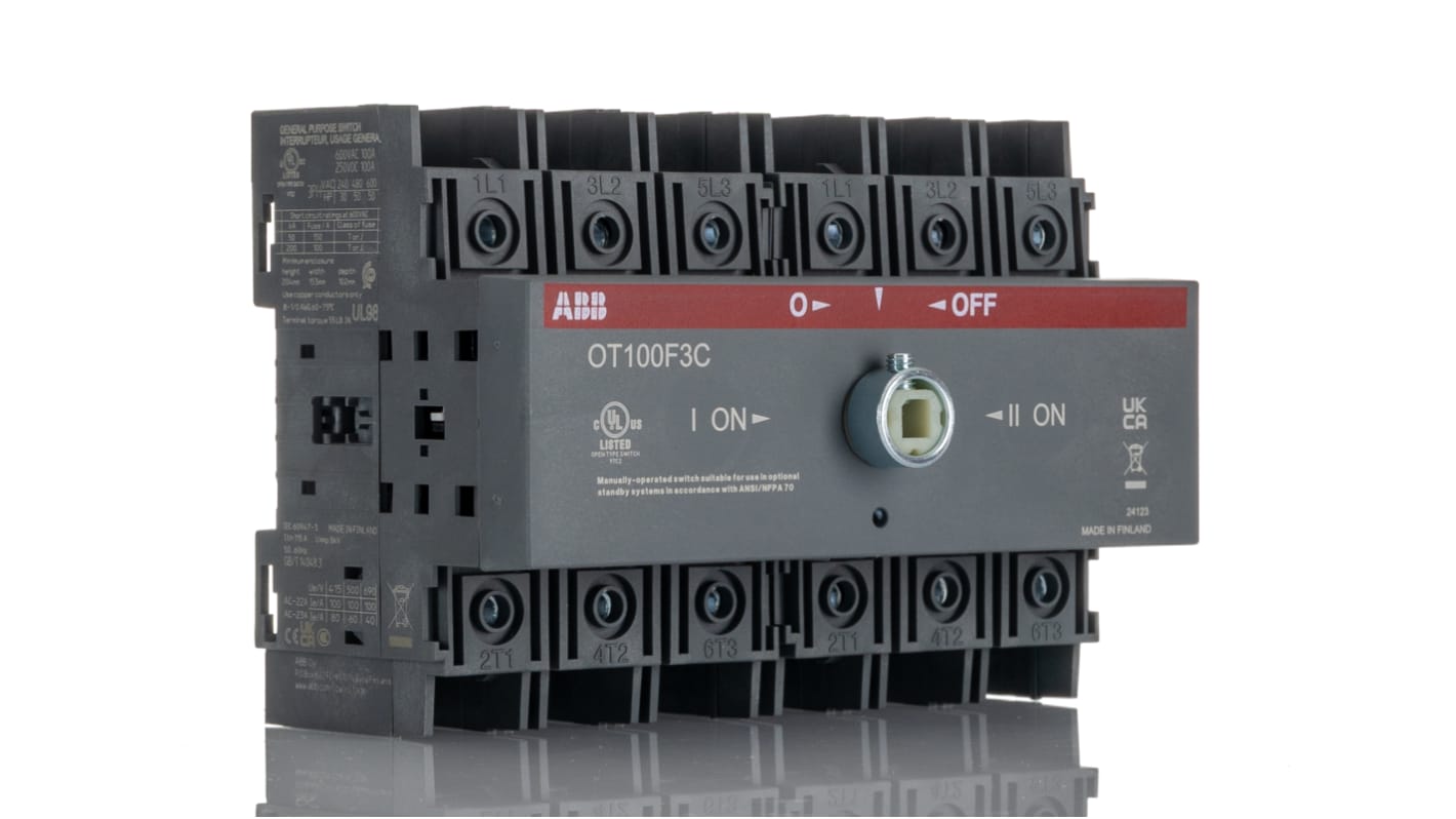 Interruttore ABB OT100F3C, 3 poli, 100 A, 37 kW, 690 V, montaggio su base, dimensioni 140x100x86 mm, grado di protezione IP20.