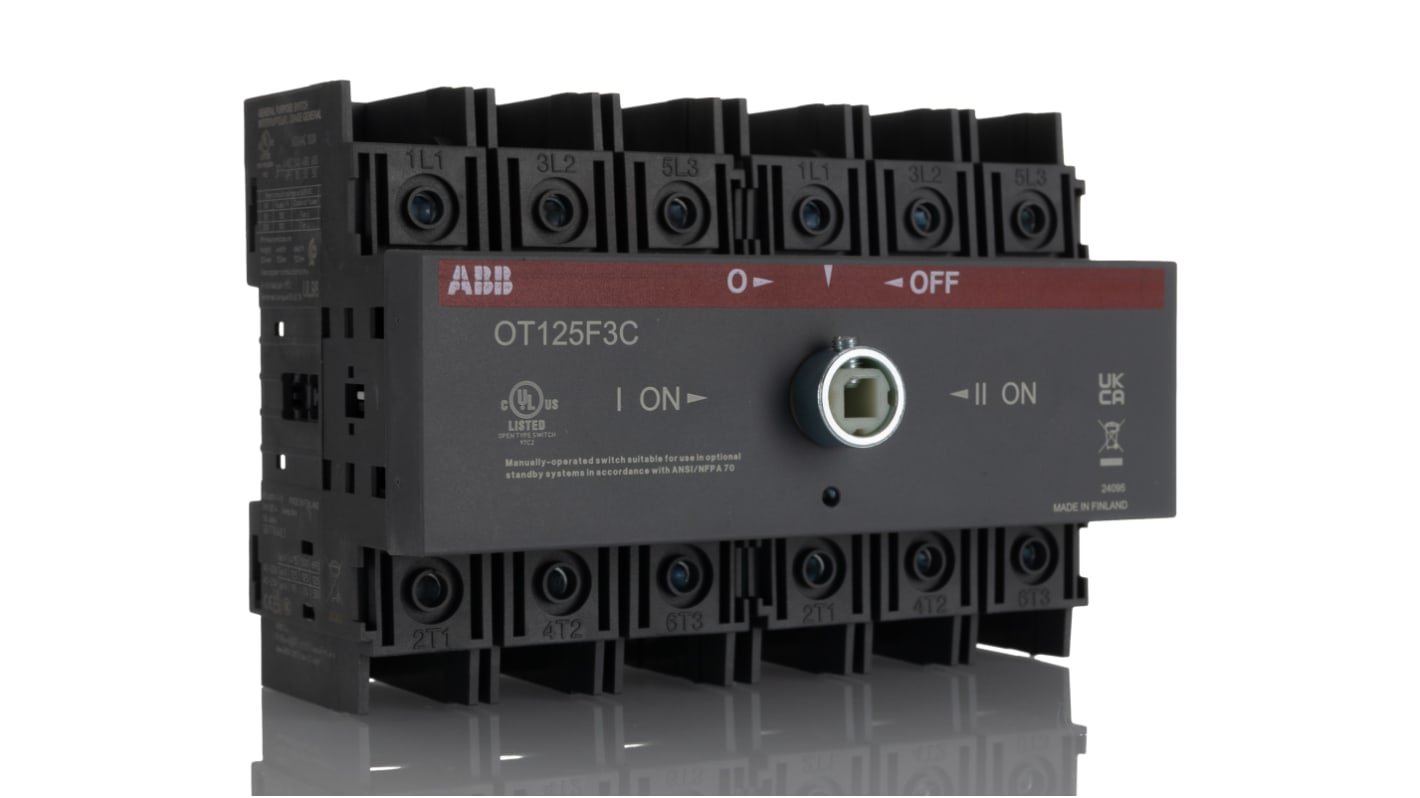 Interruttore di commutazione ABB OT125F3C, 3 poli, 125 A, 690 V, montaggio su base, dimensioni 86x140x100 mm, grado di protezione IP20.