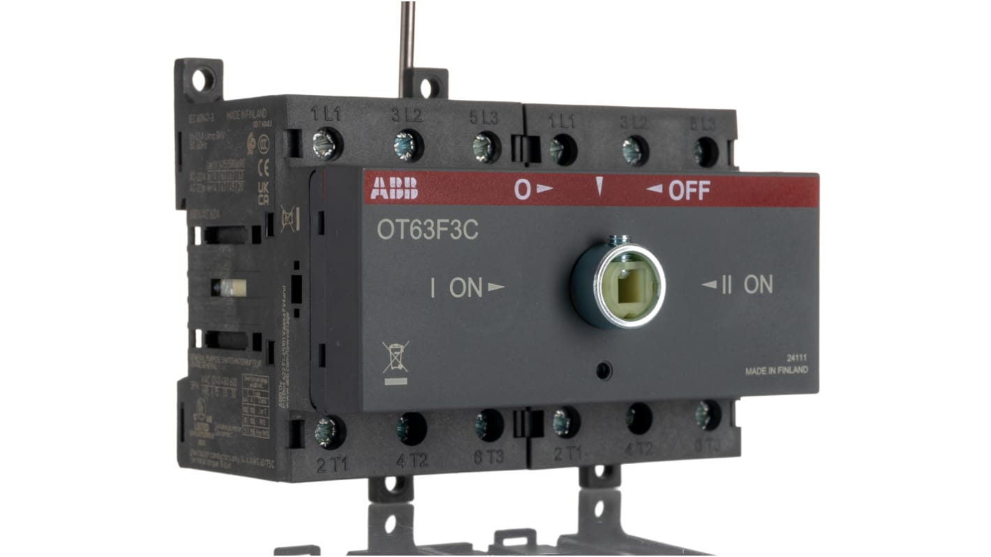 Interruttore di commutazione ABB OT63F3C, 3 poli, 63A, 690V, montaggio su base, dimensioni 85x105x92mm, grado di protezione IP20.