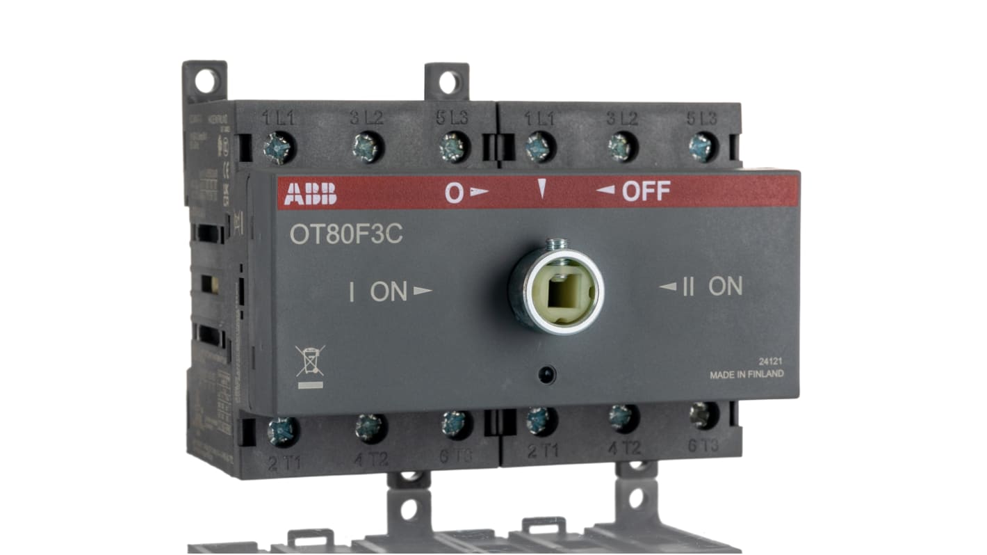 Interruttore di commutazione ABB OT80F3C, 3 poli, 80A, 690V, montaggio su base, dimensioni 85x105x92mm, grado di protezione IP20.