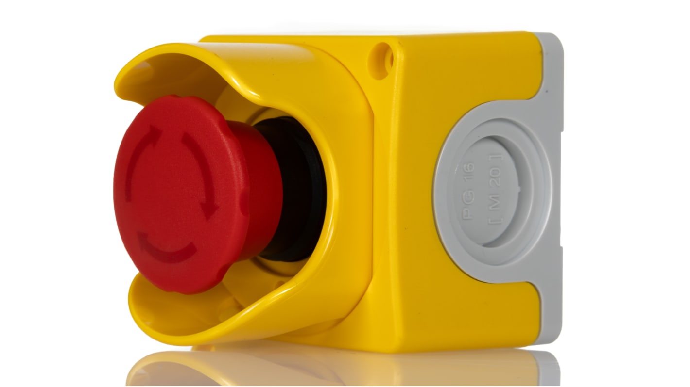 Contenitore ABB in plastica gialla, foro Ø 40 mm, protezione IP66/IP67/IP69K, dimensioni 80x65x65 mm, montaggio orizzontale.