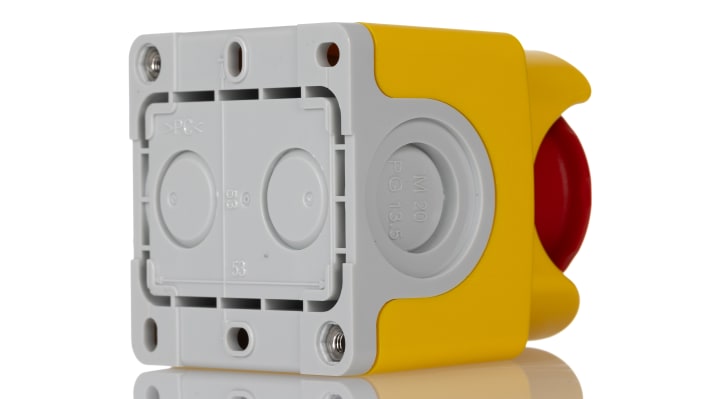 Contenitore ABB in plastica gialla, foro Ø 40 mm, protezione IP66/IP67/IP69K, dimensioni 80x65x65 mm, montaggio orizzontale.