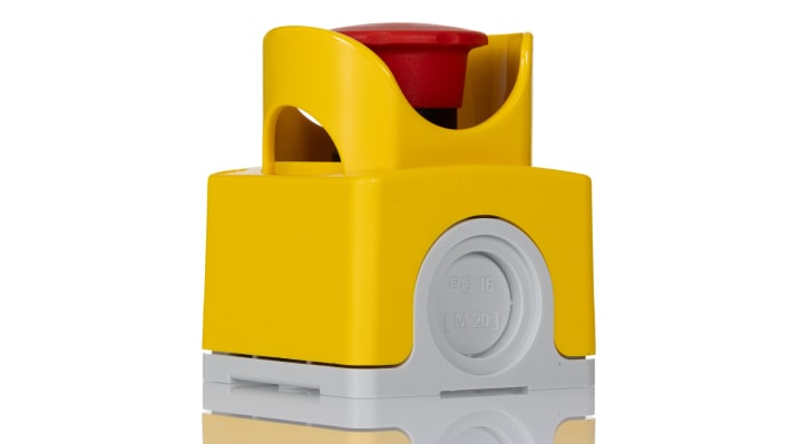 Contenitore ABB in plastica gialla, foro Ø 40 mm, protezione IP66/IP67/IP69K, dimensioni 80x65x65 mm, montaggio orizzontale.