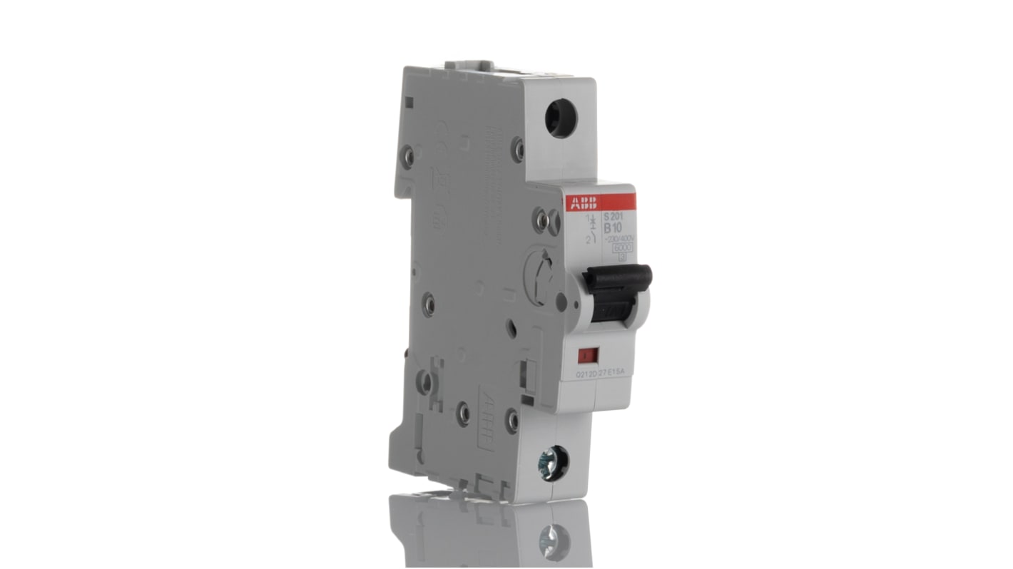 Interruttore magnetotermico ABB Tipo B 10A, montaggio su guida DIN, capacità di interruzione 10 kA, dimensioni 17.5mm x 69mm x 88mm.