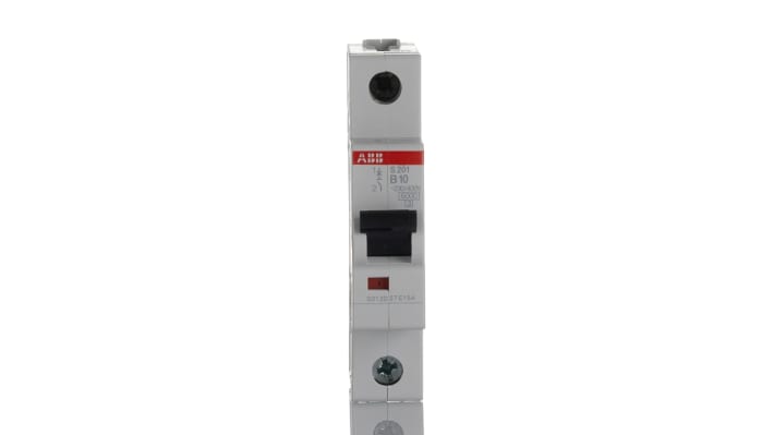 Interruttore magnetotermico ABB Tipo B 10A, montaggio su guida DIN, capacità di interruzione 10 kA, dimensioni 17.5mm x 69mm x 88mm.