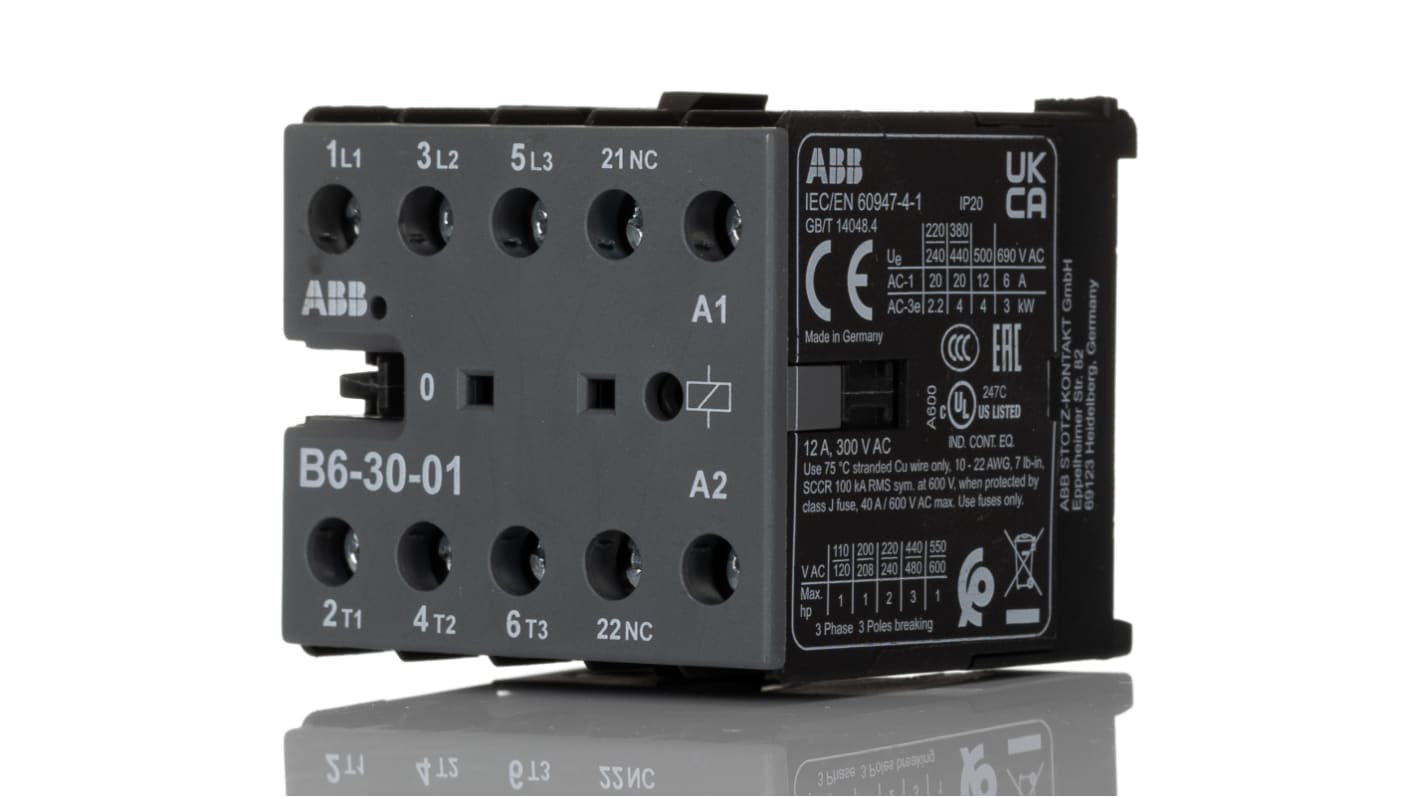 Contattore ABB GJL1211001R0011 B6-30-01 24V AC, 3 poli, 20 A, montaggio su guida DIN, dimensioni 52.5 x 46.7 x 57.5 mm.