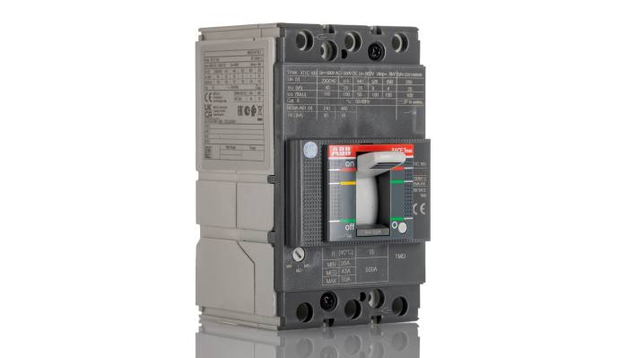 Interruttore automatico MCCB ABB, 50A, 3 poli, montaggio fisso, dimensioni 70mm x 76.2mm x 130mm, tecnologia termomagnetica.