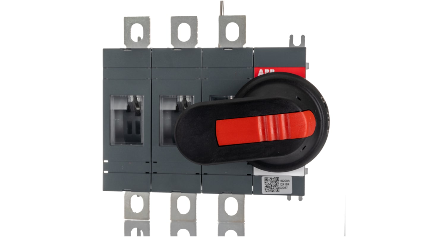 Sezionatore interruttore ABB serie OT, 3 poli, 250A, 690V, montaggio su base, dimensioni 82.5mm x 145.5mm x 150mm.