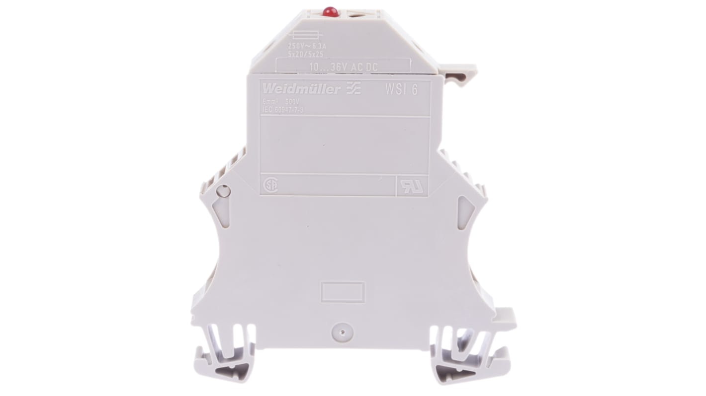 Terminale con fusibile per guida DIN Weidmüller 1011300000, 6,3A, connessione a vite - Serie W - Resistente agli urti, morsetti a vite, LED rosso, cavi da 20 a 8 AWG.