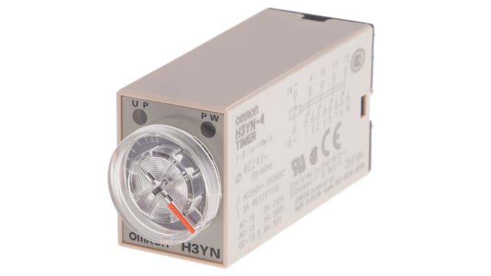 Omron H3YN-4, timer relay multifunzione 4 poli, montaggio su guida DIN, 24V AC, dimensioni 21.5mm x 63mm x 28mm.