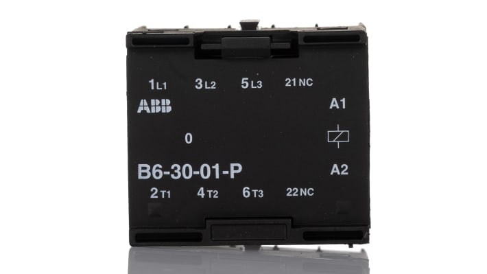 Contattore ABB GJL1211009R8010 B6-30-01-P, 3 poli, 20 A, 240 V AC, montaggio su guida DIN, dimensioni 47.7 x 47.5 x 45.2 mm.