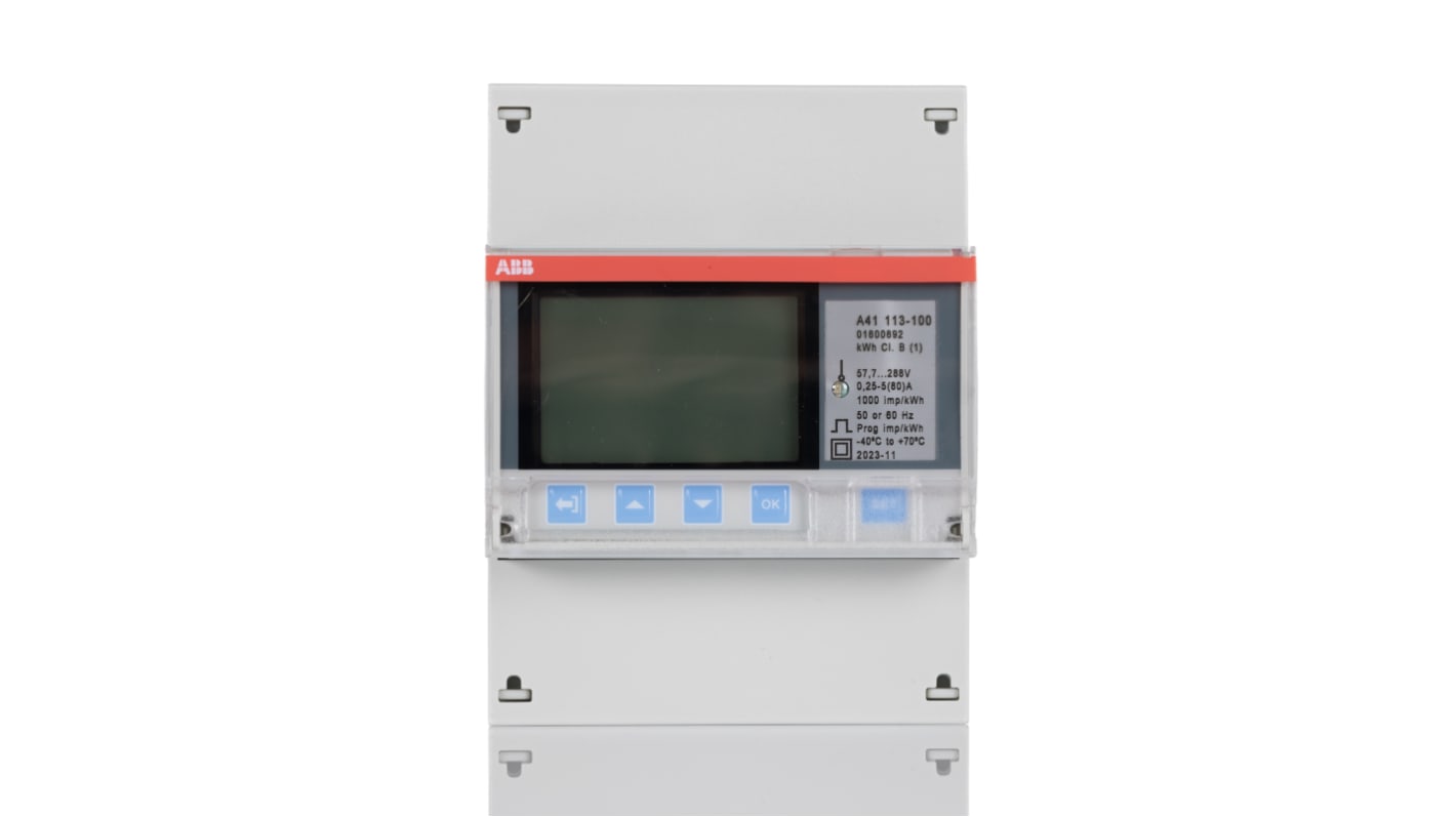 Contatore di energia monofase ABB 2CMA100240R1000 A41, LCD 4 cifre, montaggio su guida DIN, 80 A, dimensioni 70 x 26,5 x 65 mm.