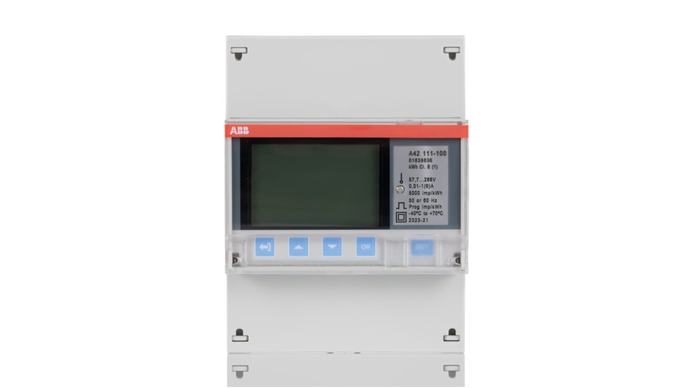 Contatore di energia monofase ABB 2CMA170555R1000, montaggio su guida DIN, display LCD, precisione ±1%, dimensioni 70 x 26,5 x 65 mm.