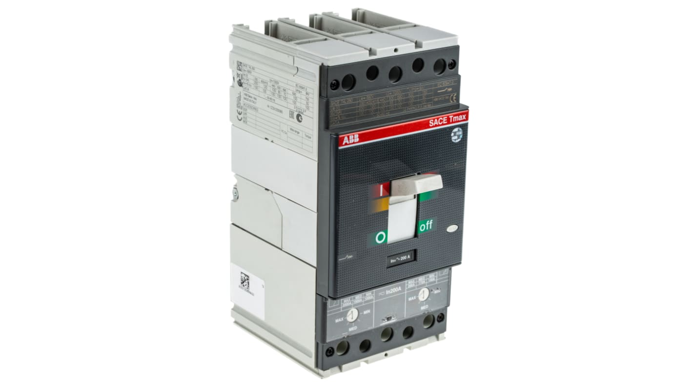 Interruttore magnetotermico ABB 200A, 3 poli, 690 V CA, con terminali anteriori e rilascio termomagnetico.