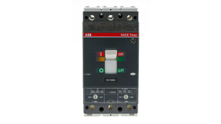 Interruttore magnetotermico ABB 200A, 3 poli, 690 V CA, con terminali anteriori e rilascio termomagnetico.