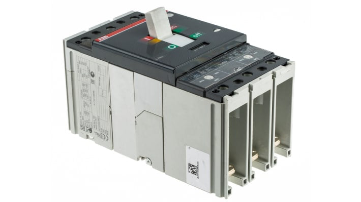Interruttore magnetotermico ABB 200A, 3 poli, 690 V CA, con terminali anteriori e rilascio termomagnetico.