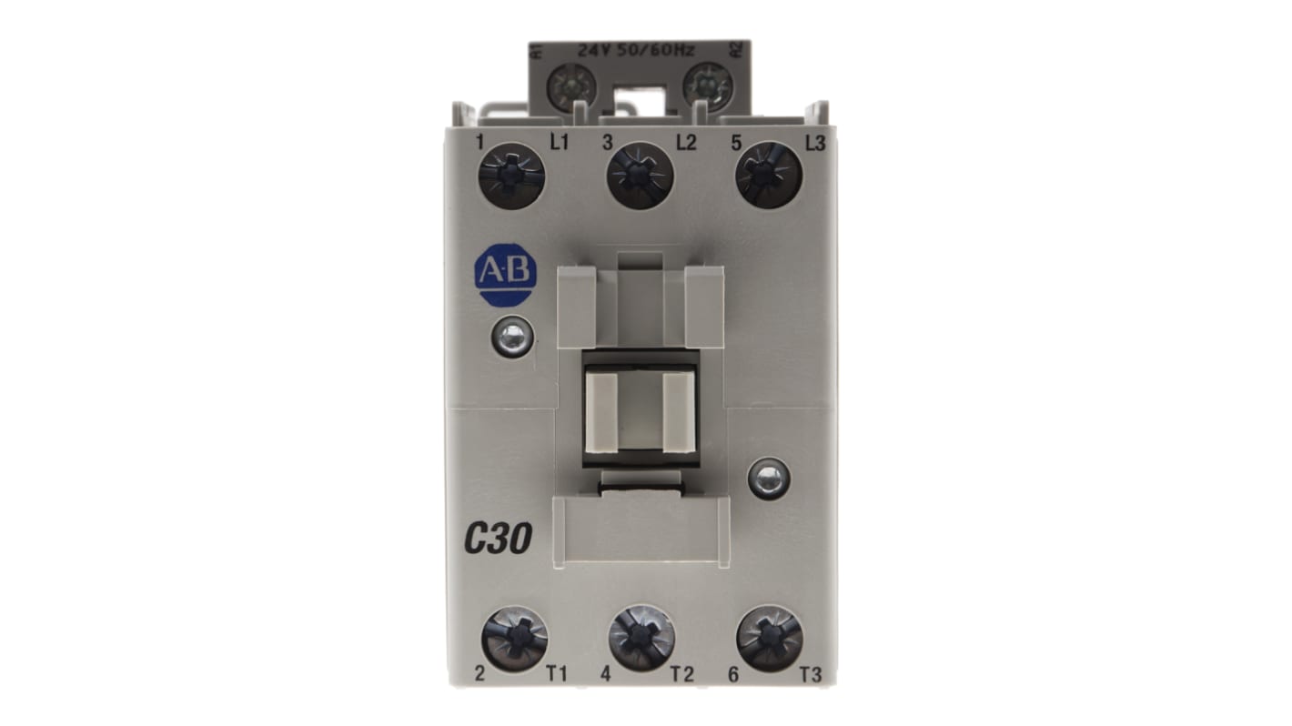 Contattore Allen Bradley 100-C30KJ00, 3 poli, 30 A, bobina 24 V c.a., montaggio su guida DIN, dimensioni 45x81x86.5 mm.
