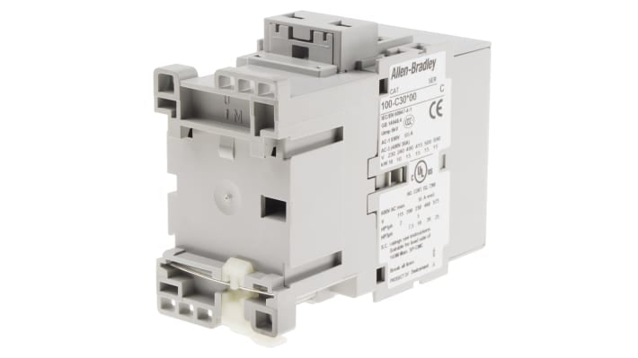 Contattore Allen Bradley 100-C30KJ00, 3 poli, 30 A, bobina 24 V c.a., montaggio su guida DIN, dimensioni 45x81x86.5 mm.
