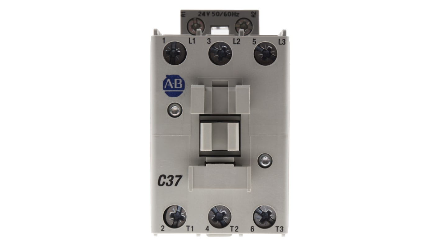 Contattore Allen Bradley 100-C37KJ00, 3 poli, 37 A, bobina 24 V c.a., montaggio su guida DIN, dimensioni 81x45x86,5 mm.