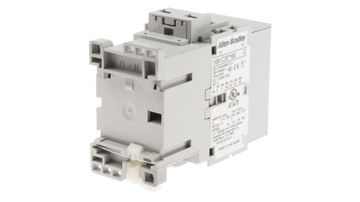 Contattore Allen Bradley 100-C37KJ00, 3 poli, 37 A, bobina 24 V c.a., montaggio su guida DIN, dimensioni 81x45x86,5 mm.