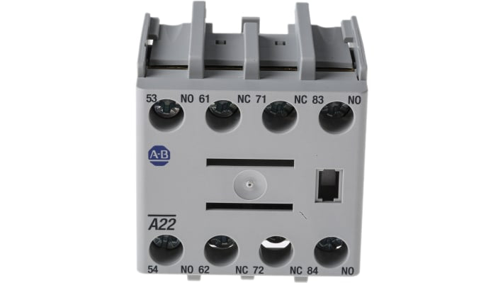 Allen Bradley 100-FA22, modulo contatti 4PST, 2NC + 2NO, montaggio frontale, corrente 10 A, temperatura -25/+60 °C.