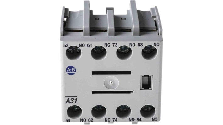 Allen Bradley 100-FA31, modulo contatti 4PST, 1NC + 3NO, montaggio anteriore, corrente 10 A, temperatura -25/+60 °C.
