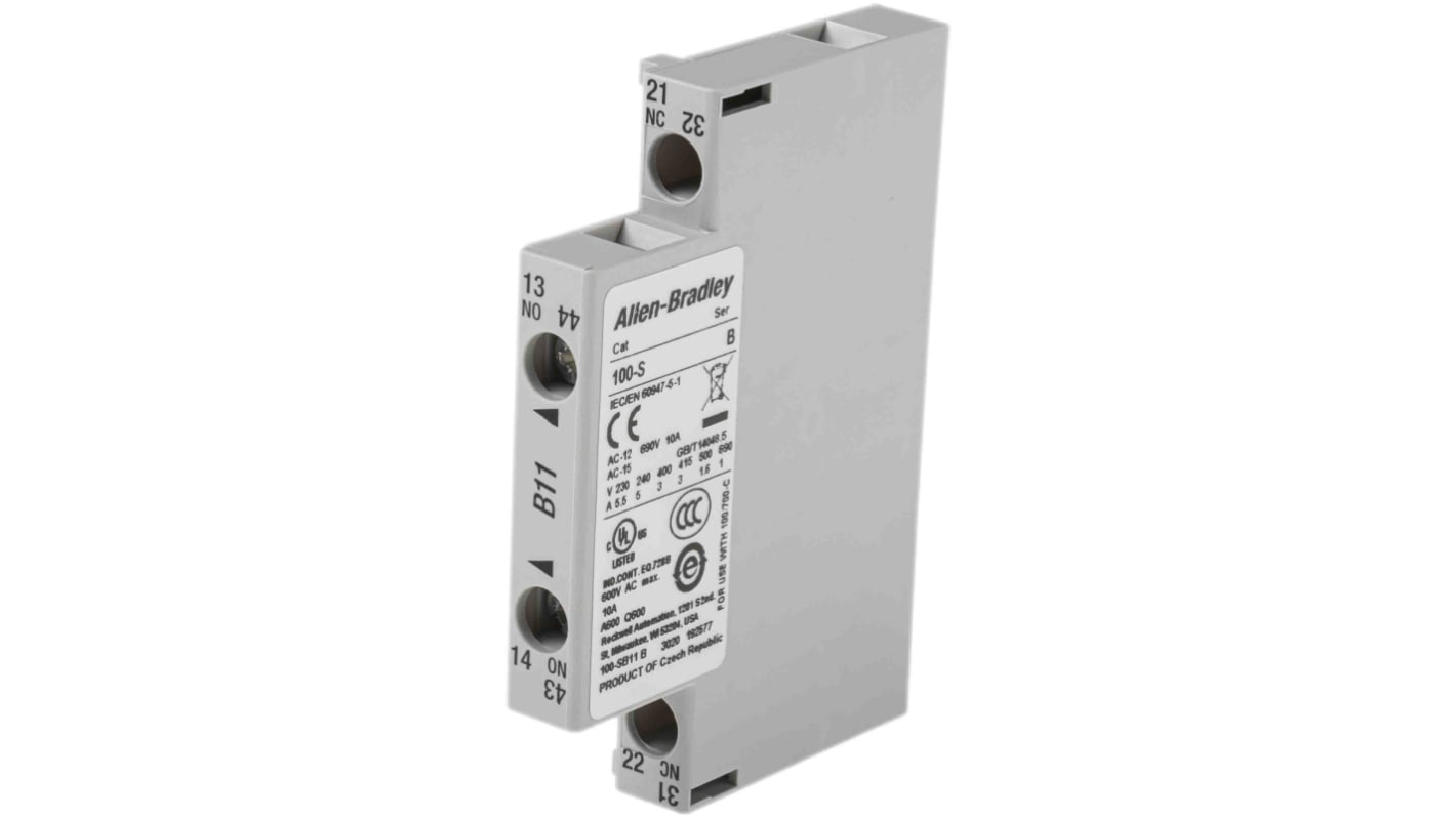 Contatto ausiliario Allen Bradley 100-SB11, 2 contatti, montaggio laterale, serie 100S. Affidabile e compatto per controlli industriali.