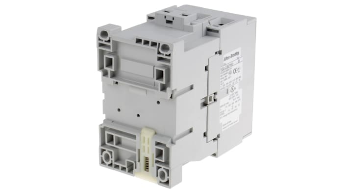 Contattore Allen Bradley 100-C60KJ00, 3 poli, 60 A, bobina 24 V c.a., montaggio su guida DIN, dimensioni 45x81x86.5 mm.