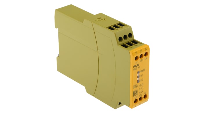 Relè di sicurezza Pilz PNOZ X2, 24V, 2 canali, montaggio su guida DIN, dimensioni 22,5mm x 121mm x 87mm, conforme a ISO 13849-1.