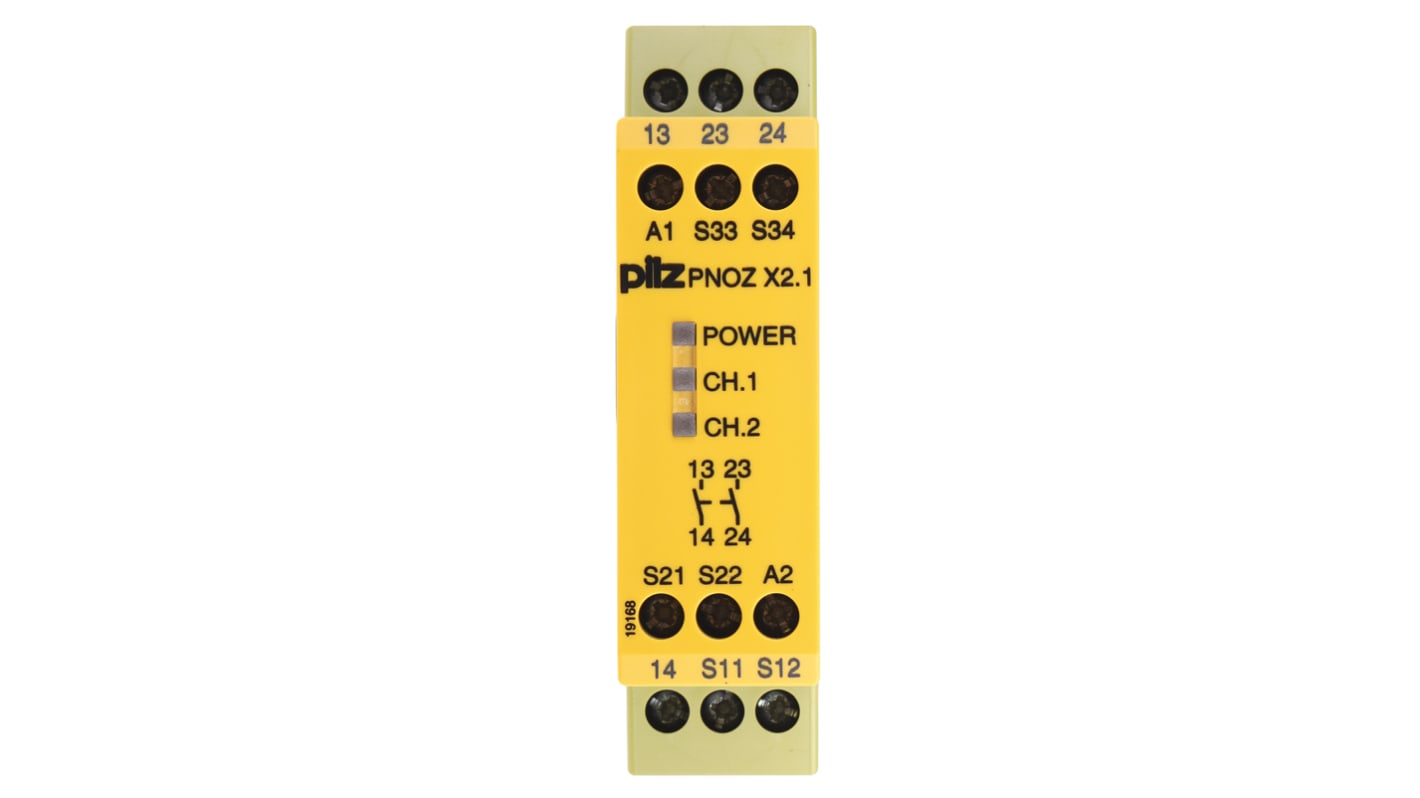Relè di sicurezza Pilz PNOZ X2.1, 24V, 2 canali, contatti N/O, montaggio su guida DIN, dimensioni 22,5mm x 121mm x 87mm.