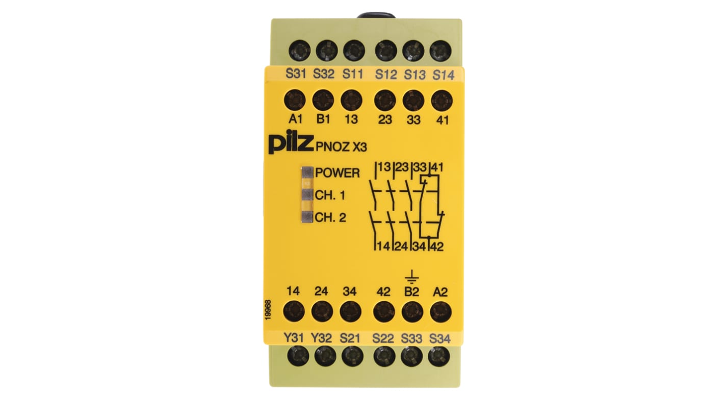 Pilz 774314, relè di sicurezza PNOZ X3 a 2 canali, 24 V dc, 110 V ca, montaggio su guida DIN, dimensioni 121 x 45 x 87 mm.