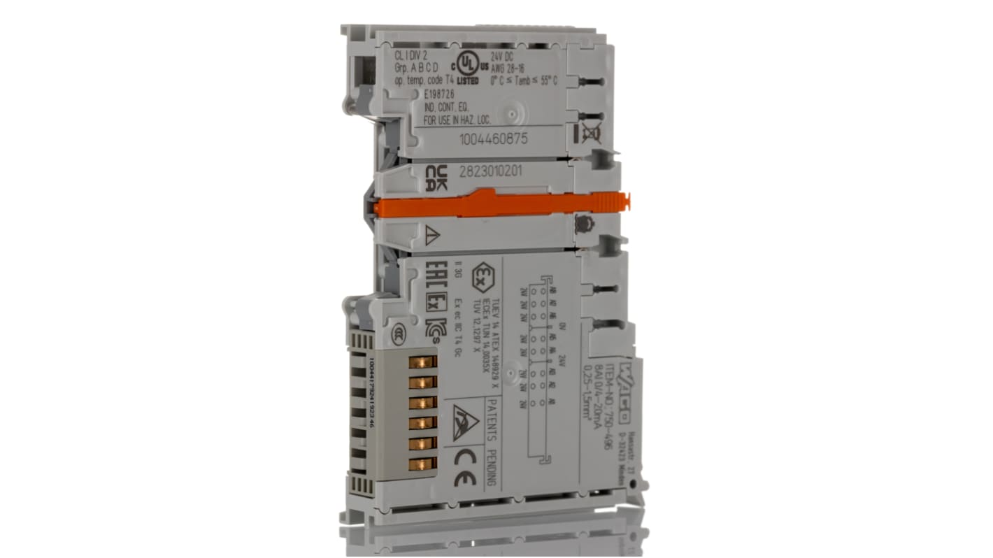 Modulo analogico Wago 750-496 per ingresso corrente, 8 canali, montaggio su guida DIN, dimensioni 12 x 100 x 69 mm.